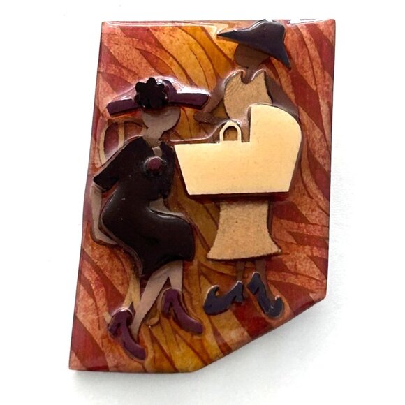 Vintage Lucinda Woman Pin Brooch Baby Basket Fancy Hat Ladies High Heels - Picture 1 of 3